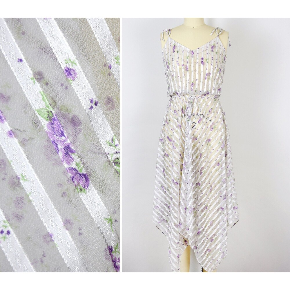 1970s Sheer Sundress Size XS 70s Sundress 70s Floral Dress White Purple